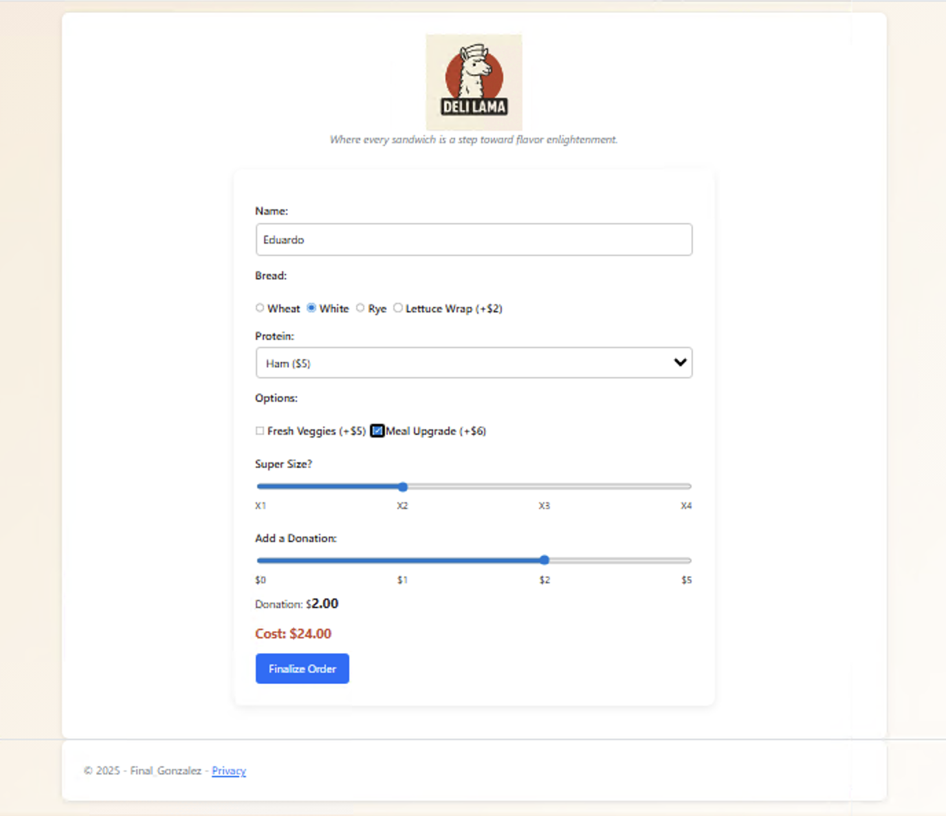 Deli Lama application showing a customized sandwich order