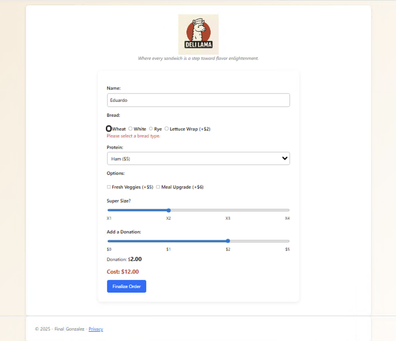 Deli Lama validation message for missing bread selection