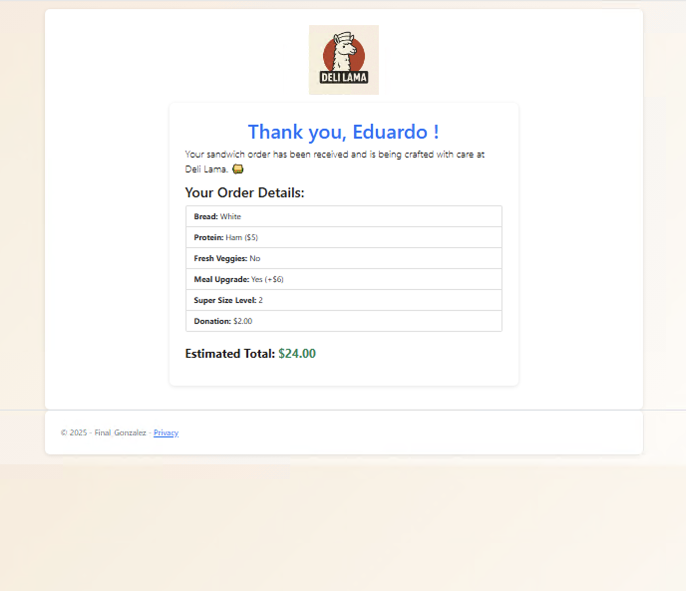 Deli Lama order confirmation screen